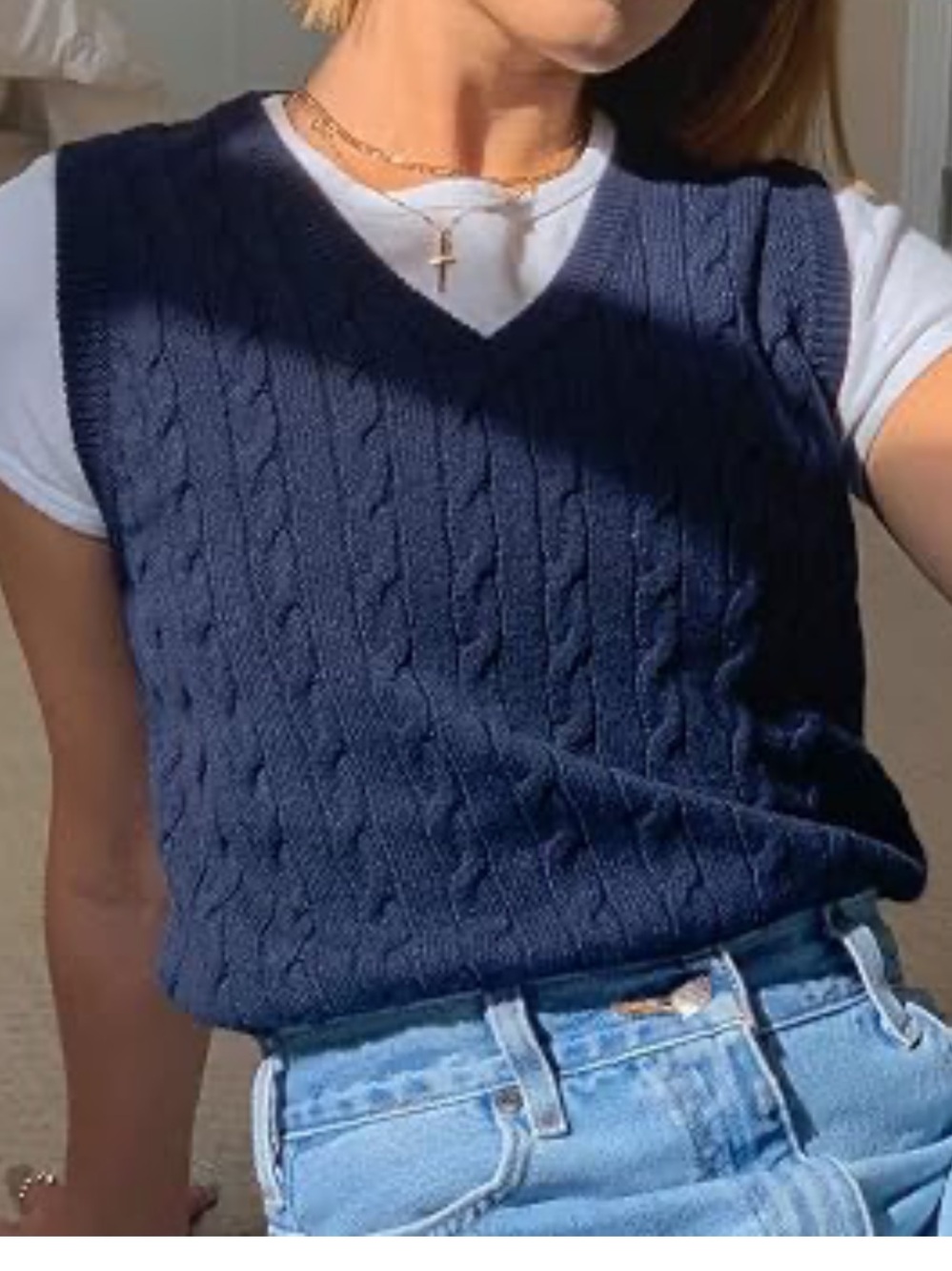 Brandy Melville Navy Cable-Knit V-Neck Sweater Vest